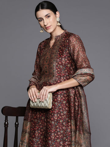 Varanga Brown Printed Straight Kurta Paired With Solid Bottom And Printed Dupatta